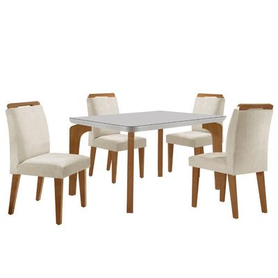Conjunto Mesa Liz 120cm Com Vidro Cp 4 Cadeiras Athenas Moderna Veludo Creme Off White Imbuia