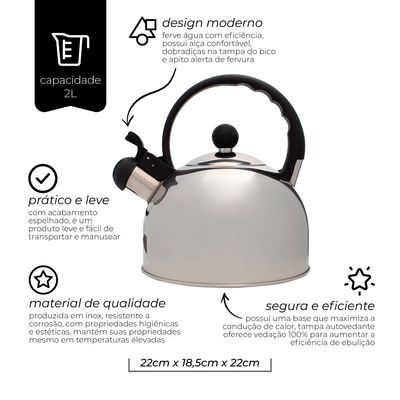 Chaleira Inox Cromado Com Apito 2 Litros Mimo Style Bule De Chá Para Ferver Água Jarra Portátil Com Alça