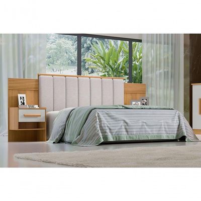 Cabeceira Para Cama De Casal Ripada Irís Estofada Com 2 Mesas De Cabeceira D Doro Cinamomo-off White-ripado