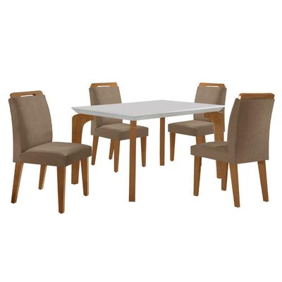 Conjunto Mesa Liz 120cm Com 4 Cadeiras Athenas Moderna Veludo Capuccino Off White Imbuia