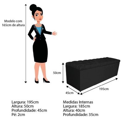 Calçadeira Estofada Liverpool 195cm King Size Suede Preto