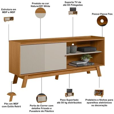 Rack Para Sala De Estar Tv 65 Pol Pés Retrô Suna L05 Nature Off White - Lyam Decor