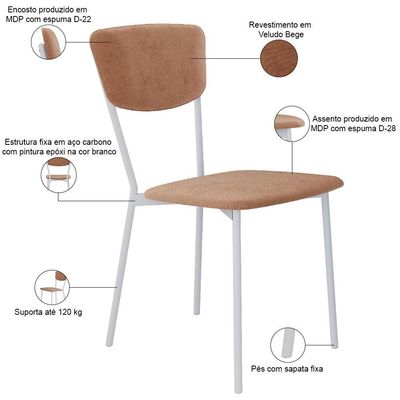 Kit 05 Cadeira Para Sala De Jantar Village Branco C01 Veludo Bege - Lyam Decor