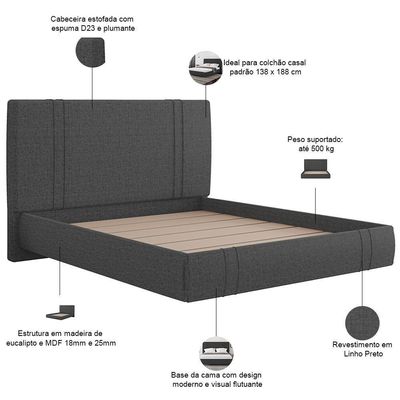 Cama Casal Flutuante Com Cabeceira 140cm Astra S04 Linho Preto - Lyam Decor