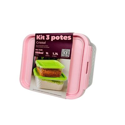 Kit 3 Potes Quadrados Com Trava 550ml , 1l E 1,7 L Rosa Orquídea