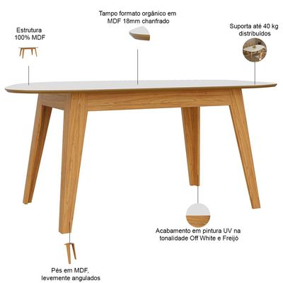 Mesa de Jantar 6 Lugares Orgânica 180cm Ohana D03 Off White Freijó - Lyam Decor