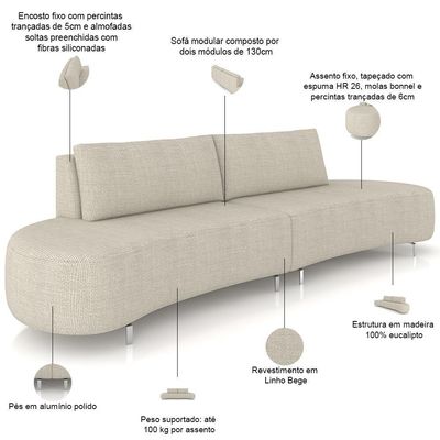 Sofá 4 Lugares Para Sala Living Orgânico Pés Metálicos 260cm Shui P08 Linho Bege - Lyam Decor