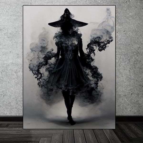 Pintura em Tela Abstrata de Bruxa - Arte Vintage para Decoração de Parede 20x30cm Sem Moldura / branco