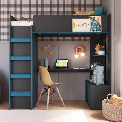 Cama Infantil Alta Office De Solteiro Com Armário, Escrivaninha, Cabideiro E Prateleira Grafite