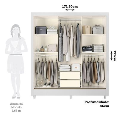 Guarda-roupa 171cm 3 Portas Com Espelho França Santos Andirá Branco