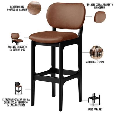 Kit 05 Banquetas Alta Para Cozinha Madeira Fixa Betta L02 Preto Couríssimo Marrom - Lyam Decor