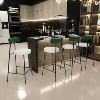 Kit 03 Banquetas Baixa Bar Cozinha E Sala Jantar Milão L02 Facto Verde Linho Champagne - Lyam Decor