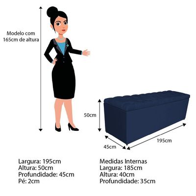 Calçadeira Estofada Liverpool 195cm King Size Suede Marinho