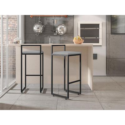 Banqueta Alta Para Cozinha Sala De Jantar Hanna L02 Preto Corano Cinza - Lyam Decor