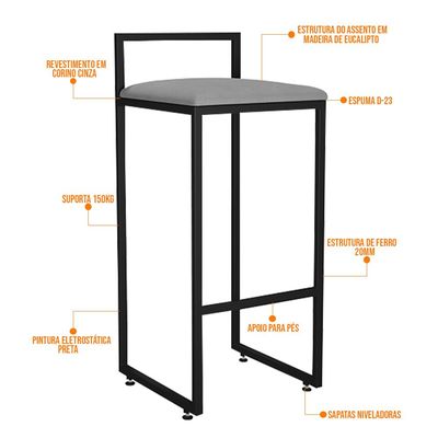 Banqueta Alta Para Cozinha Sala De Jantar Hanna L02 Preto Corano Cinza - Lyam Decor