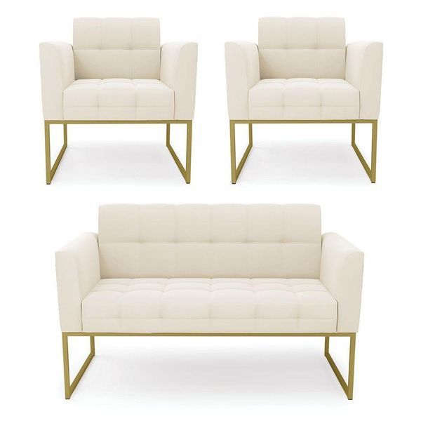 Kit 1 Sofá Namoradeira E 2 Poltronas Elisa Veludo Base Metálica Industrial Dourado - D'rossi Cor Bege