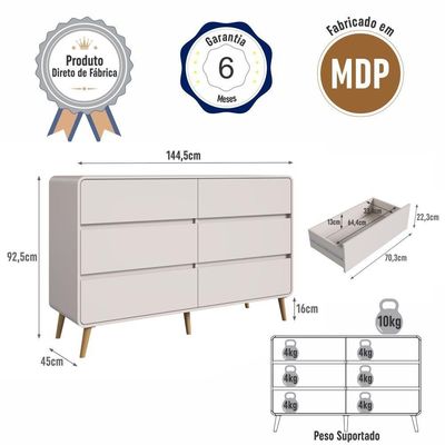 Cômoda Aparador Multiuso 6 Gavetas Estilo Retrô Moderna Para Quarto Ou Sala Bege Dunas
