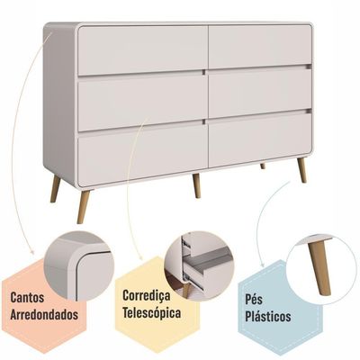 Cômoda Aparador Multiuso 6 Gavetas Estilo Retrô Moderna Para Quarto Ou Sala Bege Dunas