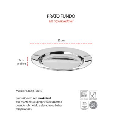 Prato Fundo Aço Inox 22cm Buffet Escola Restaurante Bar 4un