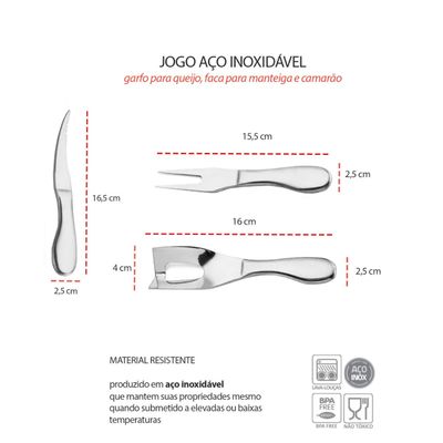 Jogo para Queijo e Faca Camarao Inox Kit Estojo Presente