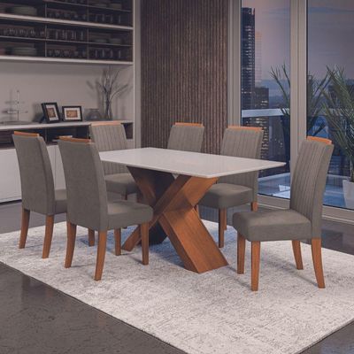 Conjunto De Mesa Sala De Jantar Tampo Com Vidro 1,80m 6 Cadeiras Grécia Dobuê - Madeirado/Mascavo