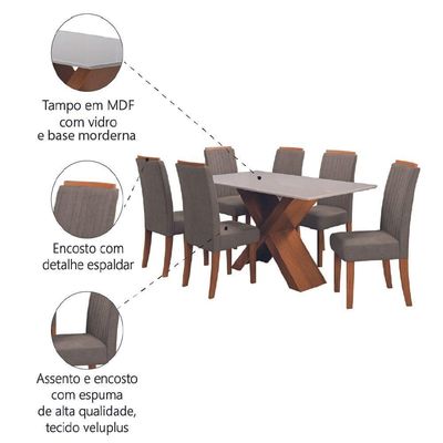Conjunto De Mesa Sala De Jantar Tampo Com Vidro 1,80m 6 Cadeiras Grécia Dobuê - Madeirado/Mascavo