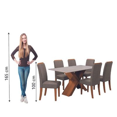 Conjunto De Mesa Sala De Jantar Tampo Com Vidro 1,80m 6 Cadeiras Grécia Dobuê - Madeirado/Mascavo
