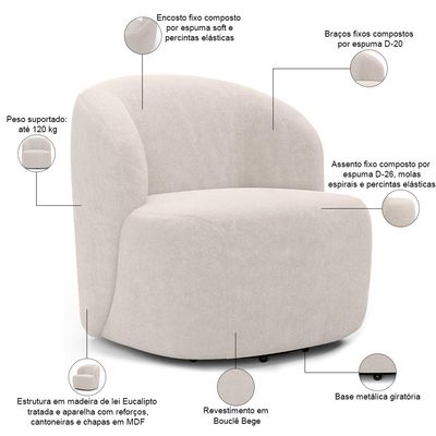Kit 02 Poltronas Giratória Orgânica Para Sala Living Heidy F04 Bouclê Bege - Lyam Decor