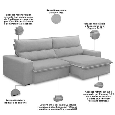 Sofá Retrátil Reclinável Para Sala 4 Lugares 280cm Senzi F04 Veludo Cinza - Lyam Decor