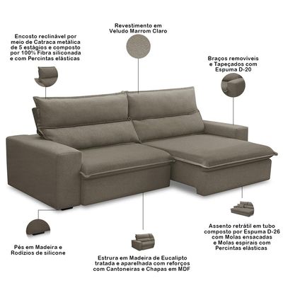 Sofá Retrátil Reclinável Para Sala 3 Lugares 230cm Senzi F04 Veludo Marrom Claro - Lyam Decor