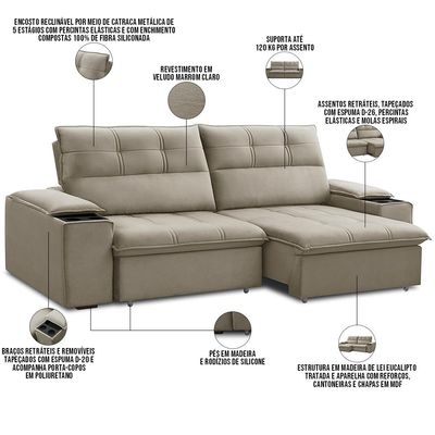 Sofá Retrátil Reclinável 3 Lugares Sala de Estar 225cm Merida F04 Veludo Marrom Claro - Lyam Decor