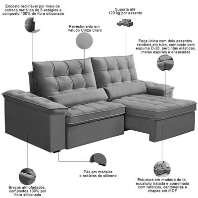 Sofá Retrátil Reclinável Para Sala 3 Lugares 250cm Maresi F04 Veludo Cinza Claro - Lyam Decor