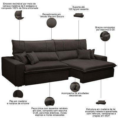Sofá Retrátil Reclinável Para Sala 3 Lugares 250cm Aisha F04 Veludo Marrom Escuro - Lyam Decor