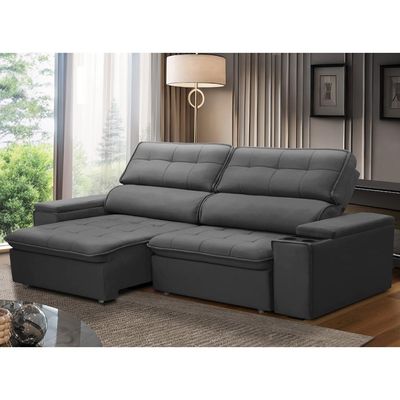 Sofá Retrátil Reclinável Para Sala 3 Lugares 210cm Nour F04 Veludo Cinza Escuro - Lyam Decor