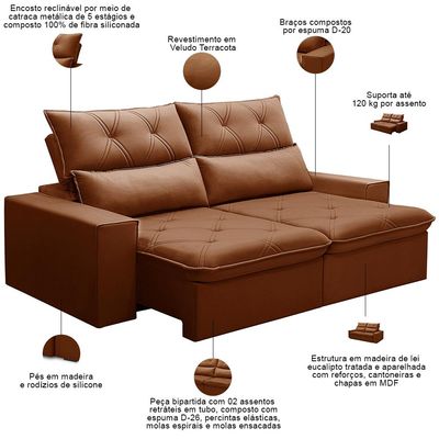 Sofá Retrátil Reclinável Para Sala 3 Lugares 210cm Aires F04 Veludo Terracota - Lyam Decor