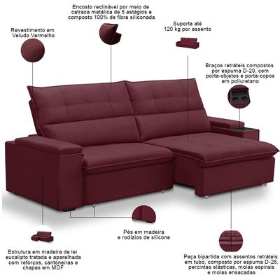 Sofá Retrátil Reclinável Para Sala 4 Lugares 270cm Niels F04 Veludo Vermelho - Lyam Decor