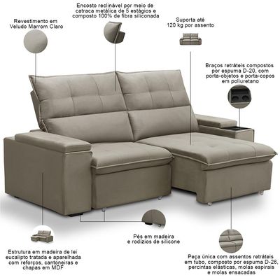 Sofá Retrátil Reclinável Para Sala 3 Lugares 230cm Niels F04 Veludo Marrom Escuro - Lyam Decor