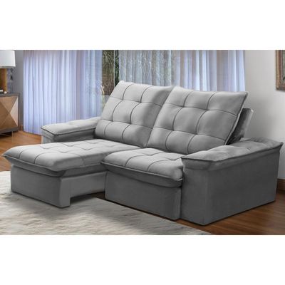 Sofá Retrátil Reclinável Para Sala 3 Lugares 210cm Nijma F04 Veludo Cinza Claro - Lyam Decor