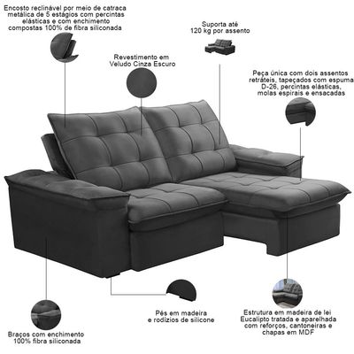 Sofá Retrátil Reclinável Para Sala 3 Lugares 210cm Nijma F04 Veludo Cinza Escuro - Lyam Decor