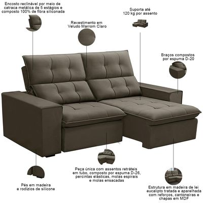 Sofá Retrátil Reclinável Para Sala 3 Lugares 230cm Vincent F04 Veludo Marrom Claro - Lyam Decor