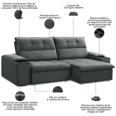Sofá Retrátil Reclinável Para Sala 3 Lugares 210cm Zayn F04 Veludo Cinza Escuro - Lyam Decor