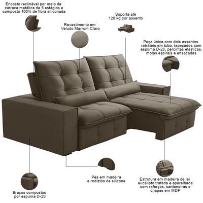 Sofá Retrátil Reclinável Para Sala 3 Lugares 230cm Curie F04 Veludo Marrom Claro - Lyam Decor