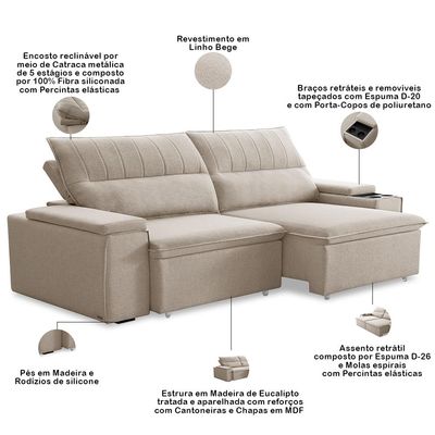 Sofá Retrátil Reclinável Para Sala 3 Lugares 245cm Ricci F04 Linho Bege - Lyam Decor