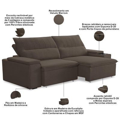 Sofá Retrátil Reclinável Para Sala 3 Lugares 205cm Ricci F04 Veludo Marrom - Lyam Decor
