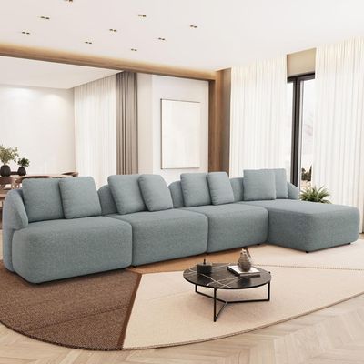 Sofá 5 Lugares com Chaise Direito Sala Living 394cm Arlo F04 Linho Cinza - Lyam Decor