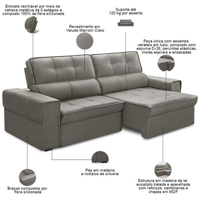 Sofá Retrátil Reclinável Para Sala 3 Lugares 230cm Samir F04 Veludo Marrom Claro - Lyam Decor