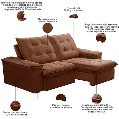 Sofá Retrátil Reclinável Para Sala 3 Lugares 210cm Nijma F04 Veludo Terracota - Lyam Decor