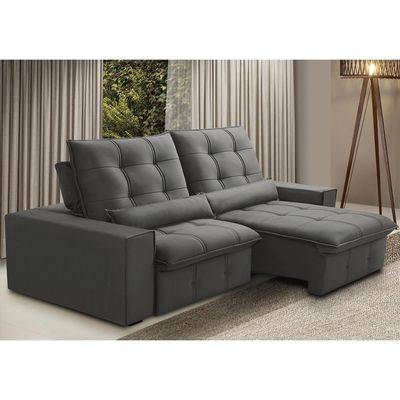 Sofá Retrátil Reclinável Para Sala 3 Lugares 210cm Curie F04 Veludo Cinza Escuro - Lyam Decor