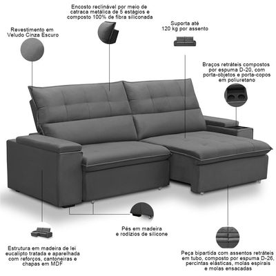 Sofá Retrátil Reclinável Para Sala 4 Lugares 270cm Niels F04 Veludo Cinza Escuro - Lyam Decor