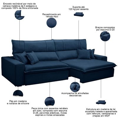 Sofá Retrátil Reclinável Para Sala 3 Lugares 210cm Aisha F04 Veludo Azul - Lyam Decor